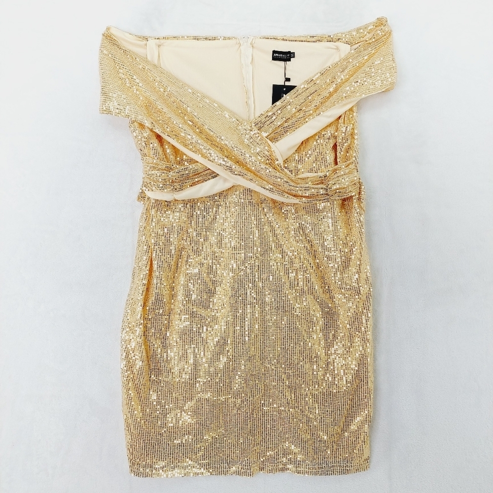 New XPlusWear Sequin Champagne Gold Sleeveless Off Shoulder Mini Dress P3068